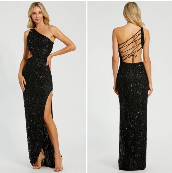 Mac Duggal Dresses & Skirts - Mac Duggal 6084 Black Strappy One Shoulder Cut Out Sequins Sz8 Prom Gala Wedding